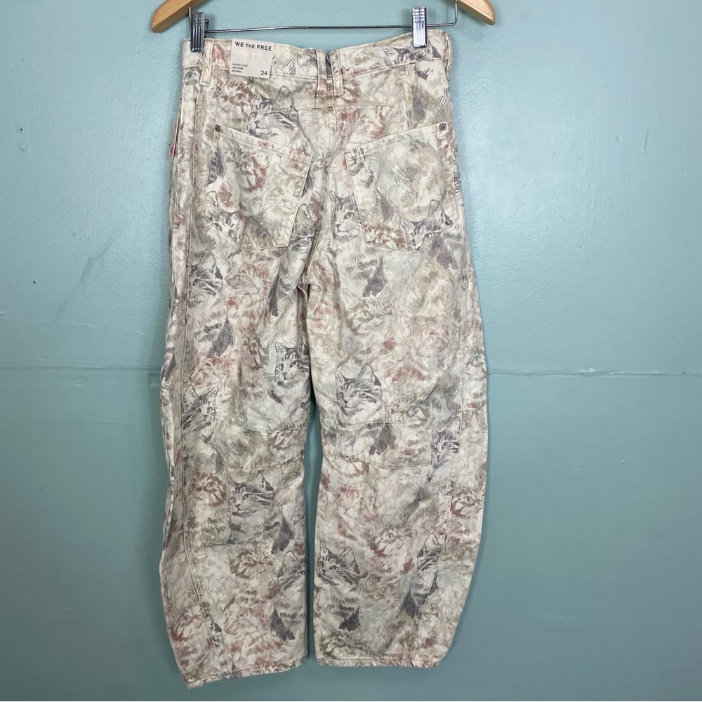 Free People Good Luck Barrel Jeans Bow Leg Baggy Cat Kitten AOP All Over Print - Picture 5 of 10